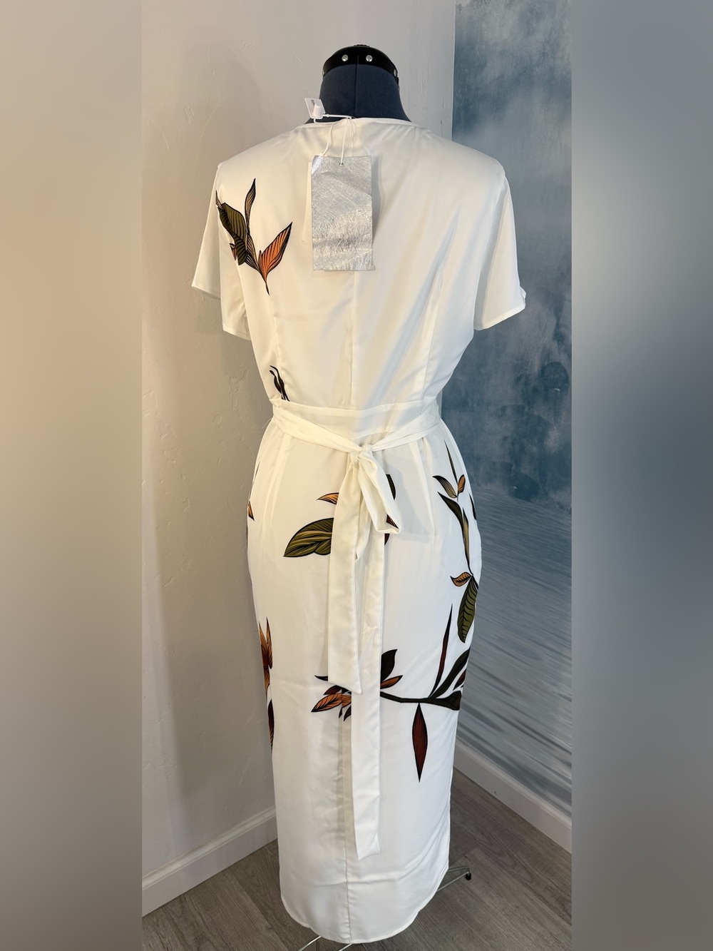White Floral Wrap Midi Dress with Leaf Print #251 - Picture 4 of 14